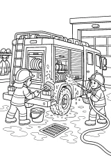 Vigili del fuoco lavano l'autopompa disegno da colorare PDF gratis