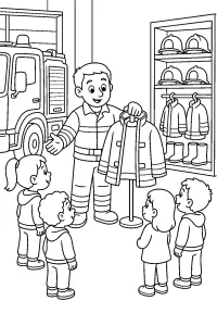 Vigile del fuoco mostra una giacca ai bambini disegno da colorare PDF gratis