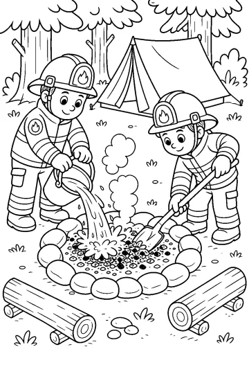 Deux pompiers éteignent un feu entouré de pierres dans un camping avec une tente et des arbres.