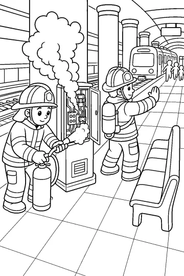 Dibujo para colorear de dos bomberos junto a un panel eléctrico abierto con humo en una estación de metro