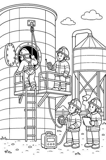 Bomberos en una plataforma y en el suelo junto a un gran silo agrícola con escalera