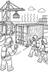 Vigili del fuoco raffreddano un container al porto disegno da colorare PDF gratis