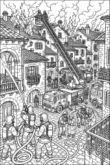 Vigili del fuoco nel borgo in fiamme disegno da colorare PDF gratis