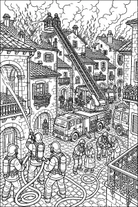 Vigili del fuoco nel borgo in fiamme disegno da colorare PDF gratis