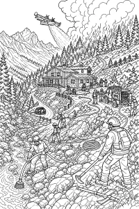 Vigili del fuoco contro un incendio in montagna disegno da colorare PDF gratis