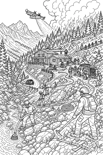 Firefighters with hoses and tools beside a stream during a mountain forest fire