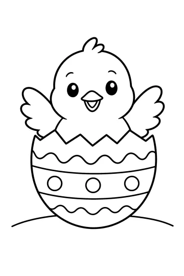 Pulcino sorridente con le ali aperte che spunta da un grande uovo di Pasqua decorato