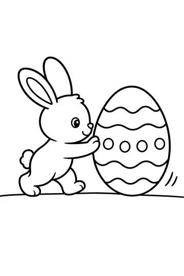 Easter bunny pushing a big egg decorated with wavy lines and circles