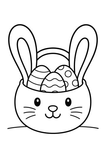 Disegno da colorare di un coniglietto sorridente con orecchie lunghe e uova decorate sulla testa
