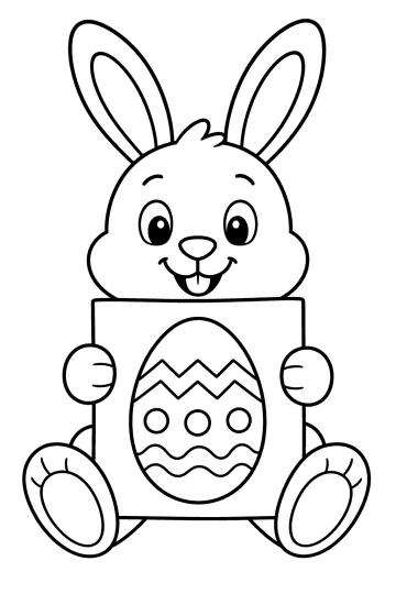 Coniglietto seduto che tiene un grande biglietto con un uovo di Pasqua decorato
