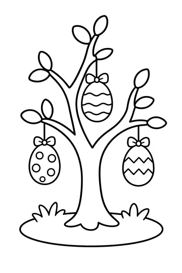 Albero di Pasqua con tre uova decorate appese ai rami e fiocchi