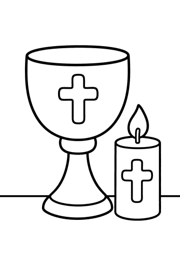 Disegno di un grande calice con croce accanto a una candela accesa con croce