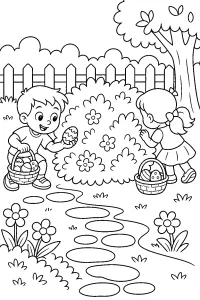 Caccia alle uova di Pasqua in giardino disegno da colorare PDF gratis