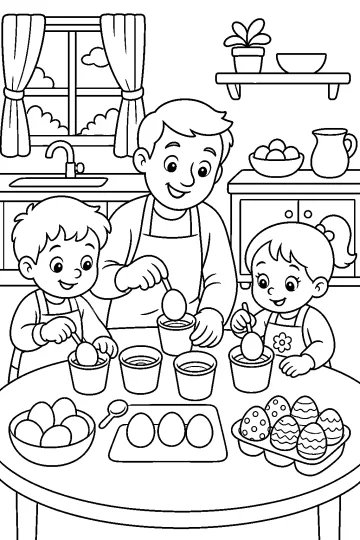 Familia con dos niños pintando huevos de Pascua en la mesa de la cocina