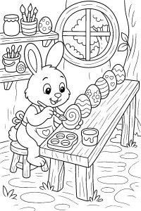 Coniglietto che dipinge le uova di Pasqua disegno da colorare PDF gratis
