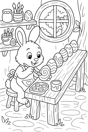 Bunny sitting at a table and painting a spiral on an Easter egg