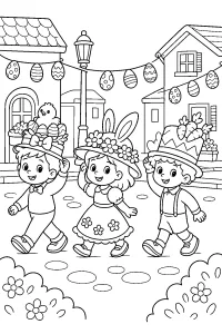 Bambini alla parata dei cappelli pasquali disegno da colorare PDF gratis