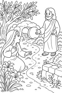 Gesù e Maria nel giardino di Pasqua disegno da colorare PDF gratis