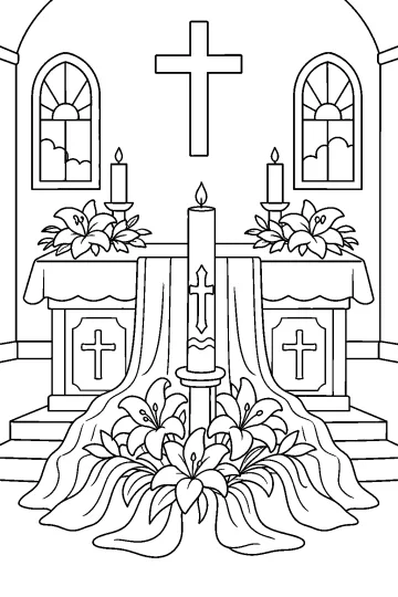 Altare di chiesa con grande croce, candele accese, gigli, drappi e finestre