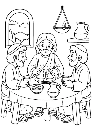 Jesús parte el pan en la mesa con dos discípulos durante la cena de Emaús