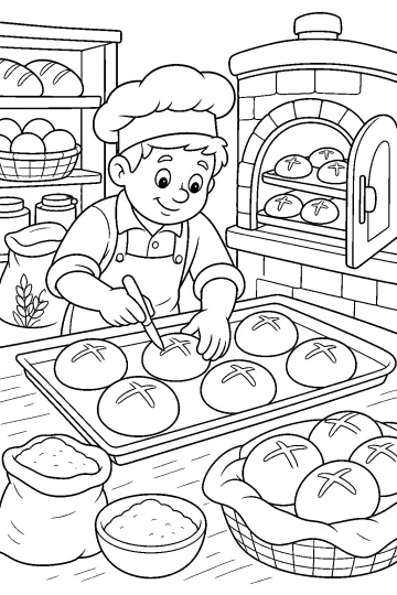 Young baker cutting crosses into buns on a baking tray, with an open oven in the background