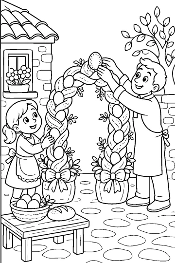 Bambina e adulto con grande arco di pane intrecciato decorato con uova, fiori e fiocchi in un cortile