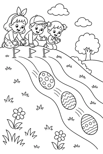 Three children watch Easter eggs rolling along lanes on a grassy hill.