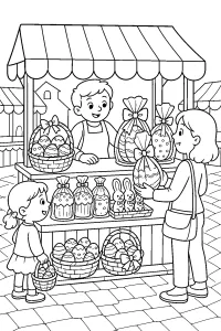 Bancarella di Pasqua con uova e coniglietti disegno da colorare PDF gratis