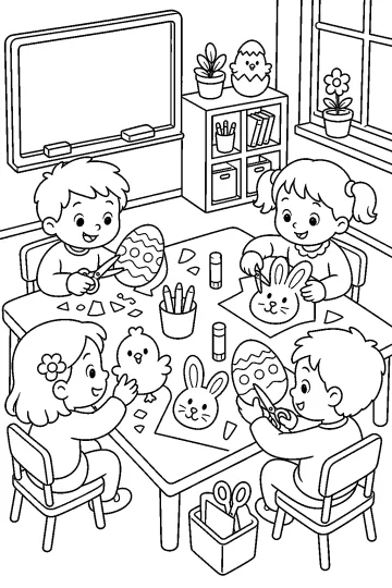 Bambini seduti a un tavolo mentre realizzano decorazioni di Pasqua con uova, pulcini e coniglietti di carta