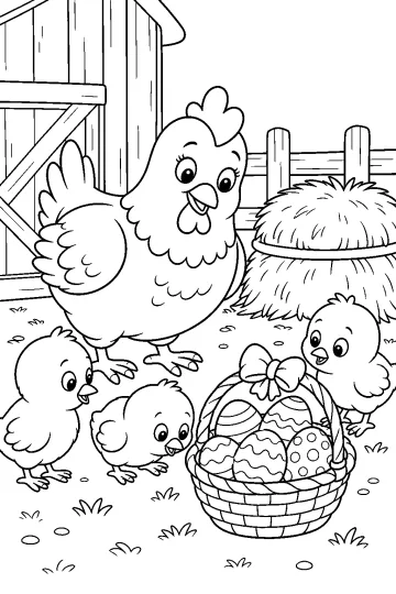 Gallina con pulcini accanto a un cestino di uova di Pasqua decorate davanti al fienile