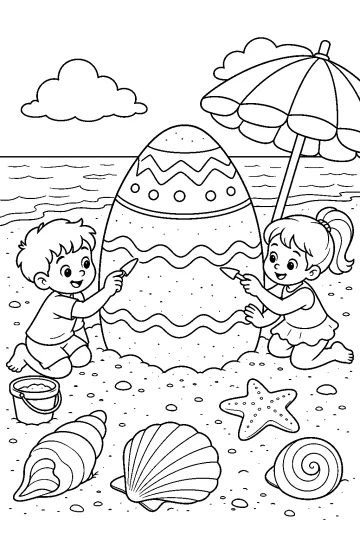 Due bambini decorano un grande uovo di sabbia sulla spiaggia con conchiglie, stella marina e ombrellone.
