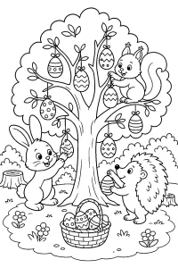 Animali del bosco decorano l'albero di Pasqua disegno da colorare PDF gratis