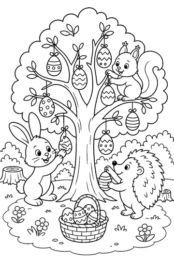 Coniglio, scoiattolo e riccio decorano un albero con uova di Pasqua vicino a un cesto di uova.