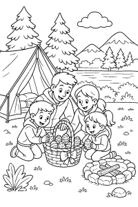 Famiglia in campeggio con cestino di Pasqua disegno da colorare PDF gratis