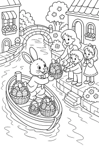 Coniglietto di Pasqua sulla barca con cestini disegno da colorare PDF gratis