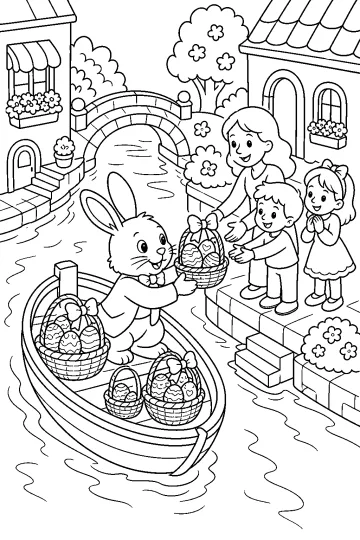 Conejito de Pascua en una barca que ofrece una cesta de huevos a dos niños junto a un canal