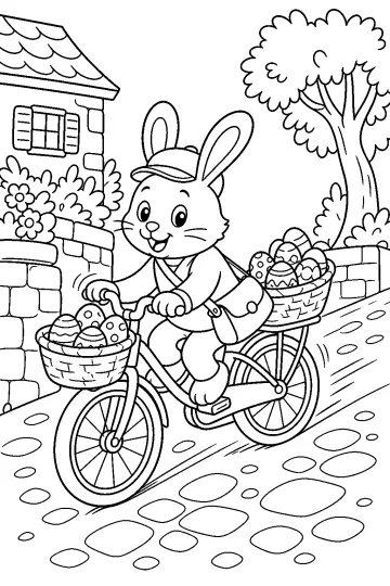 Coniglietto di Pasqua in bicicletta con due cestini pieni di uova su una strada del villaggio