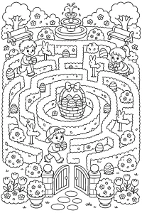 Labirinto pasquale con uova e bambini disegno da colorare PDF gratis