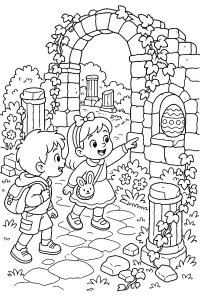 Bambini trovano un uovo di Pasqua tra le rovine disegno da colorare PDF gratis