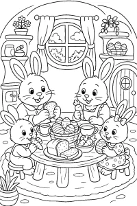 Famiglia di conigli a colazione di Pasqua disegno da colorare PDF gratis