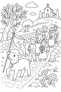 Processione pasquale con agnello e cappella disegno da colorare PDF gratis