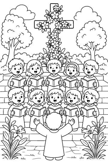 Kinderkoor met muziekboekjes voor een bloeiend kruis, geleid door een dirigent