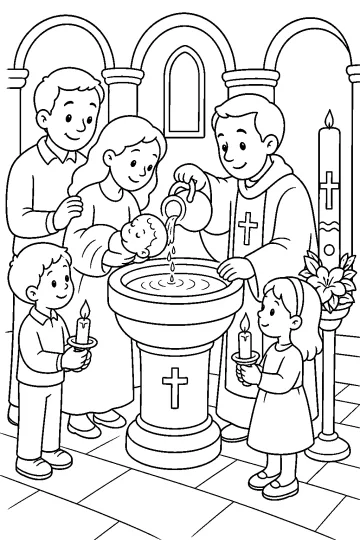 Family and priest around a baptismal font with candles in a church