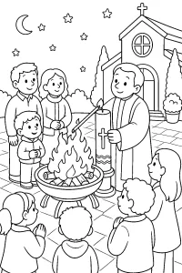 Fuoco di Pasqua davanti alla chiesa disegno da colorare PDF gratis