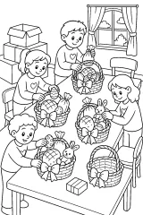 Bambini preparano cesti pasquali disegno da colorare PDF gratis