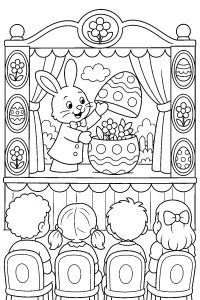 Coniglio pasquale sul palco con grande uovo disegno da colorare PDF gratis