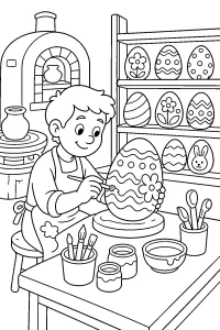 Ceramista che decora un uovo di Pasqua disegno da colorare PDF gratis