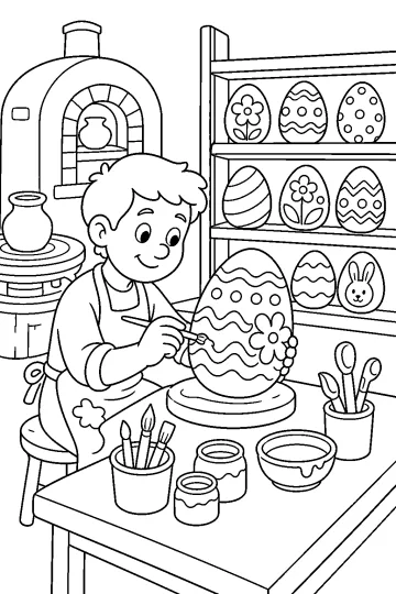 Giovane ceramista che dipinge un grande uovo di Pasqua in un laboratorio con scaffali di uova decorate