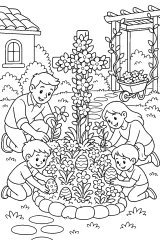 Famiglia con croce fiorita di Pasqua disegno da colorare PDF gratis