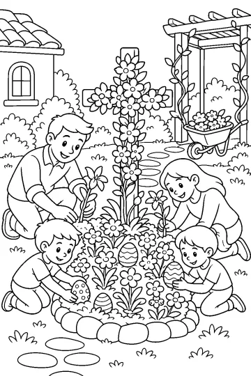 Famille agenouillée dans un jardin autour d'une croix de fleurs et d'œufs de Pâques décorés